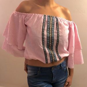 Striped puff off shoulder crop top